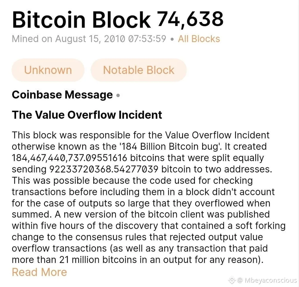 Blok 74 638 a „184 Billion Bitcoin Bug“