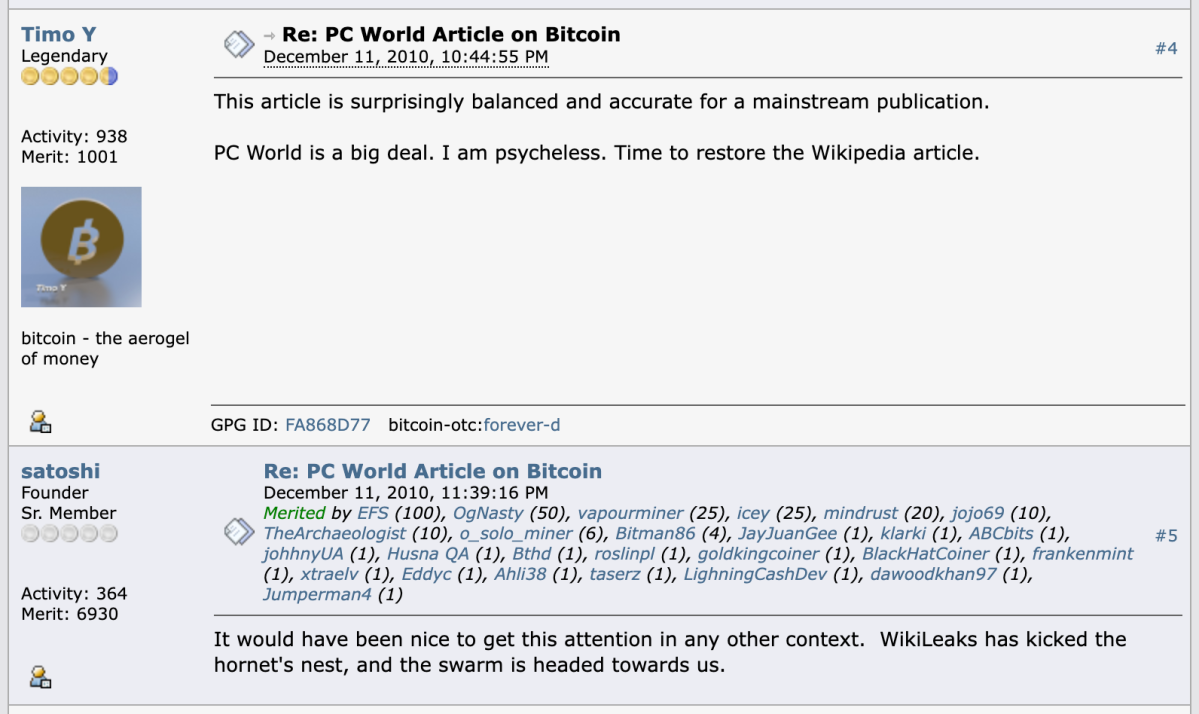 Satoshi o pozornosti médií a WikiLeaks